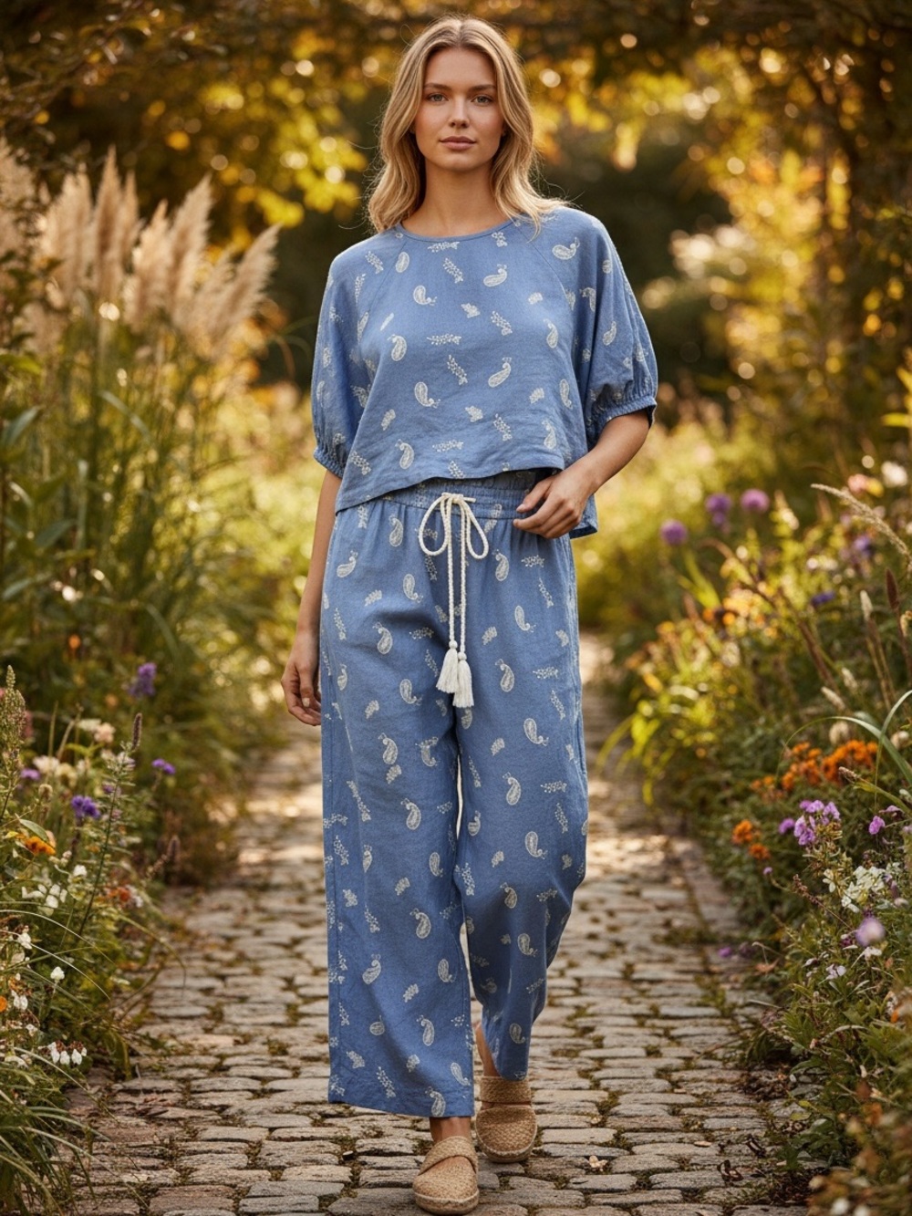 House of Harlow Blue Embroidered Linen Top & Wide Leg Pants 2-Pieces Sz S Boho